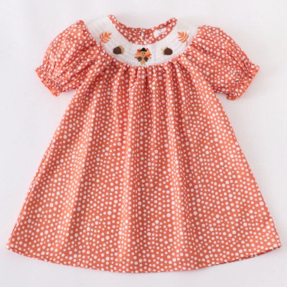 Petit Bebe Girls Pink Check Smocked Thanksgiving Turkeys Dress with Collar main image 0
